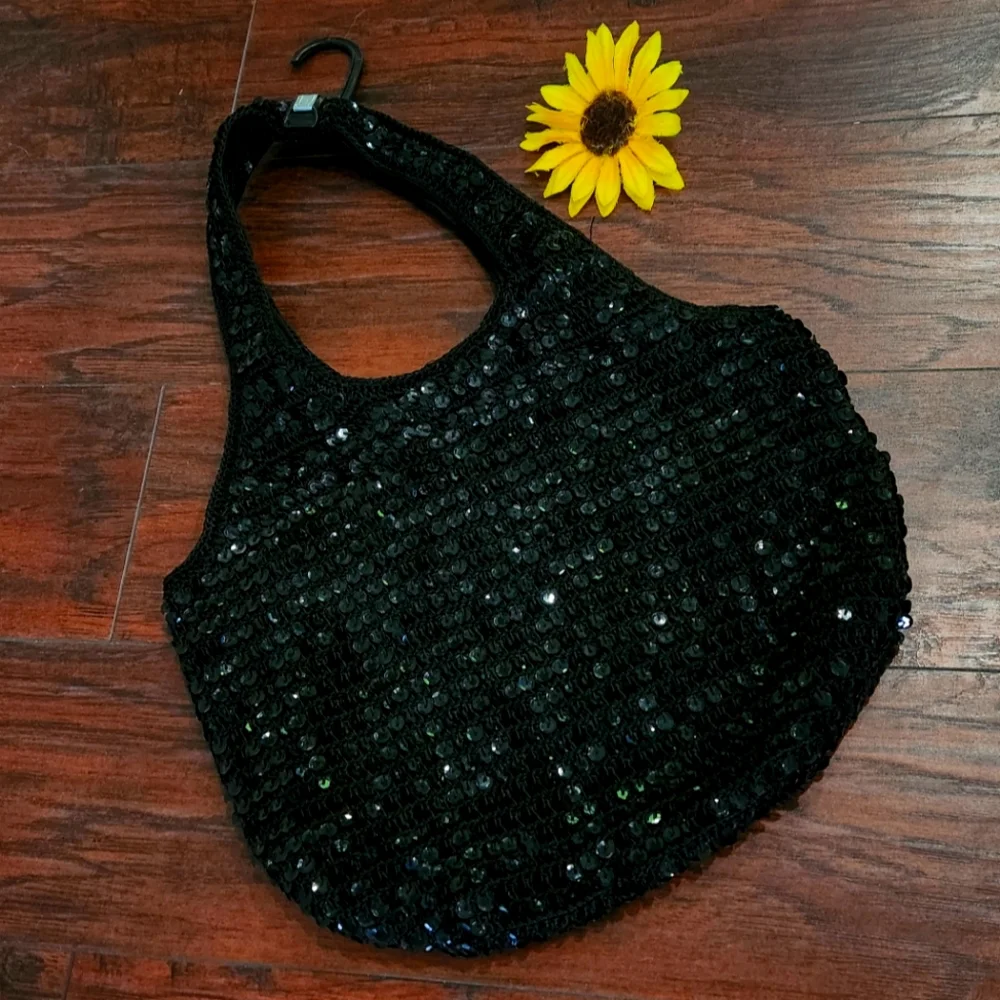 Vintage Y2K Frankie and Johnnie Black Sequin Shoulder Tote Bag.